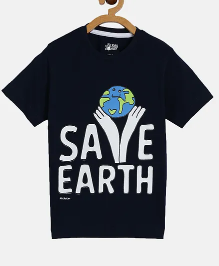 The Talking Canvas Half Sleeves Save Earth Print T-Shirt - Navy Blue