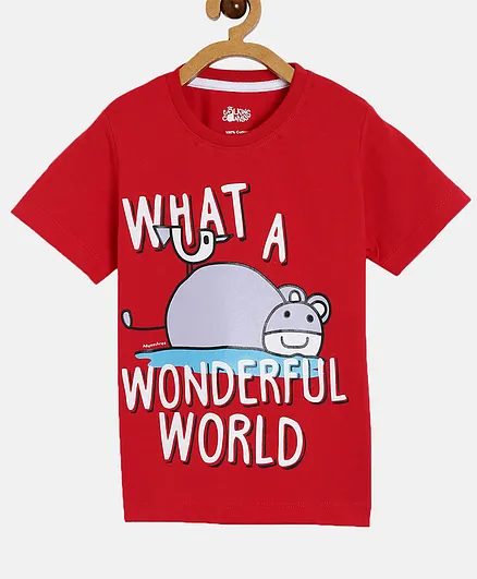 The Talking Canvas Half Sleeves What A Wonderful World Print T-Shirt - Red