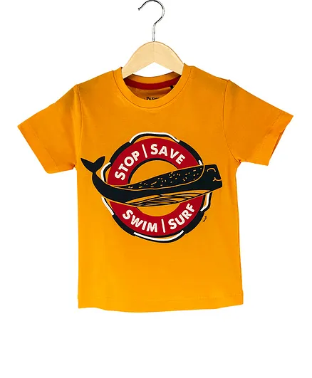 The Talking Canvas Half Sleeves Stop Save Swim Surf Print T-Shirt - Orange