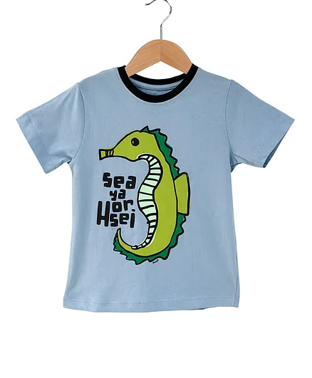 The Talking Canvas Half Sleeves Sea Horse Print T-Shirt - Blue