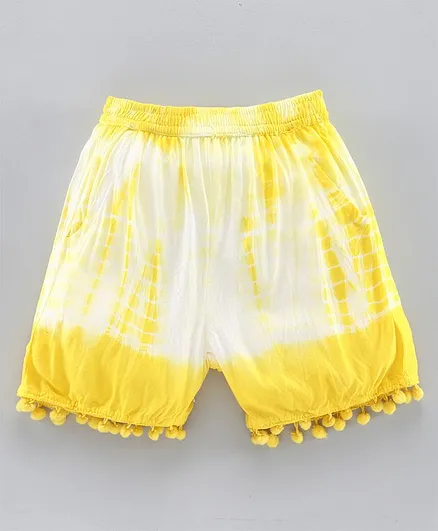 Kiddopanti Pom Pom Lace Detailing Tie & Dye Shorts - Yellow