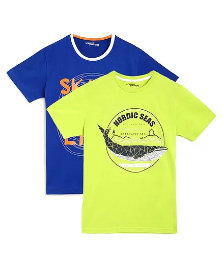 Li'L tomatoes Half Sleeves Pack Of 2 Printed T-Shirt With A Surprise Gift- Blue Green