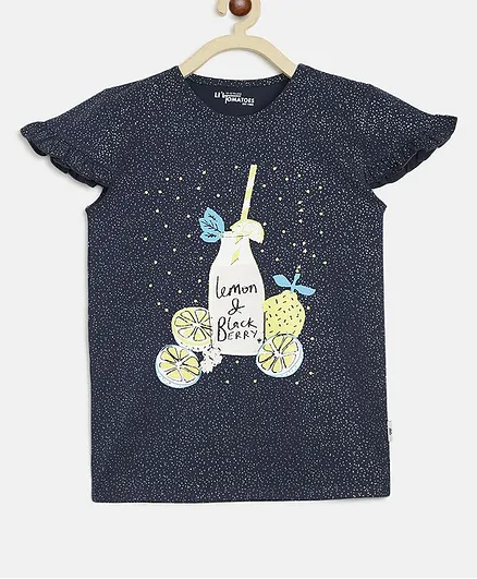 Li'L tomatoes Short Sleeves Lemon Print Top With A Surprise Gift - Navy