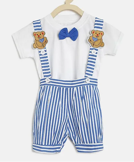 Li'L tomatoes Half Sleeves T-Shirt Striped Dungaree Set With A Surprise Gift- Royal White