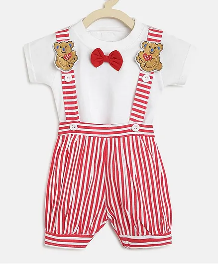 Li'L tomatoes Half Sleeves T-Shirt Striped Dungaree Set With A Surprise Gift- Red White