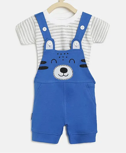 Li'L tomatoes Striped Half Sleeves Tee With Dungaree & Gift - White & Blue