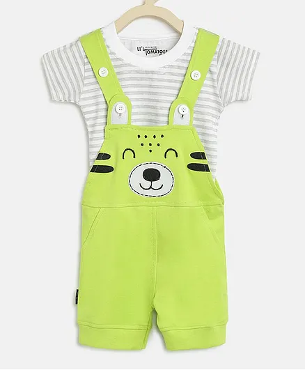 Li'L tomatoes Striped Half Sleeves Tee With Dungaree & Gift - White & Green
