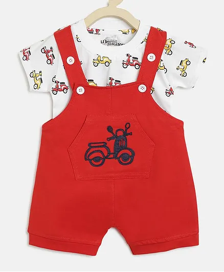 Li'L tomatoes Half Sleeves Scooter Print Detailing Tee With Dungaree & Surprise Gift - Red