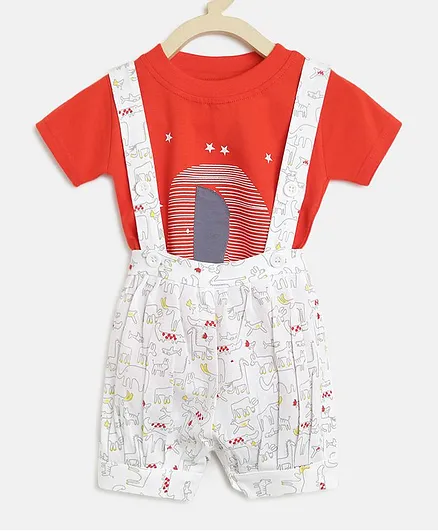Li'L tomatoes Half Sleeves Tee With Animal Print Detailing Dungaree & Surprise Gift - Red