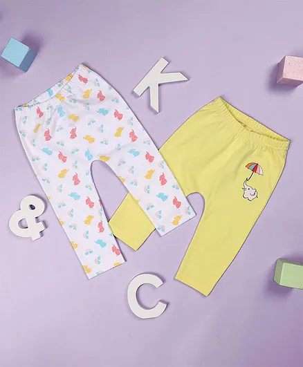 Kicks & Crawl Pack Of 2 Full Length Baby Elephants Print Diaper Leggings - White & Yellow
