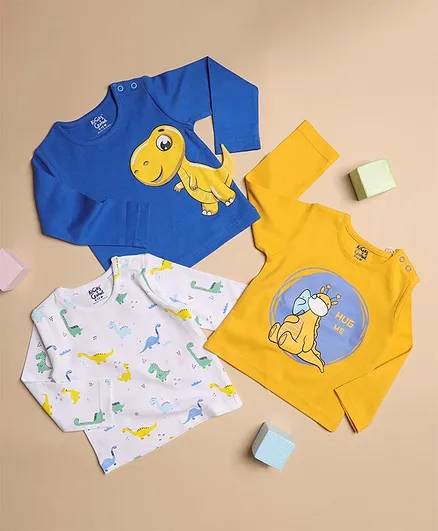 Kicks & Crawl Pack Of 3 Full Sleeves Dinosaur Print Detailing Tee - White & Yellow