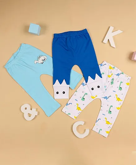 Kicks & Crawl Pack Of 3 Full Length Dinosaur Print Detailing Diaper Leggings - Blue & White