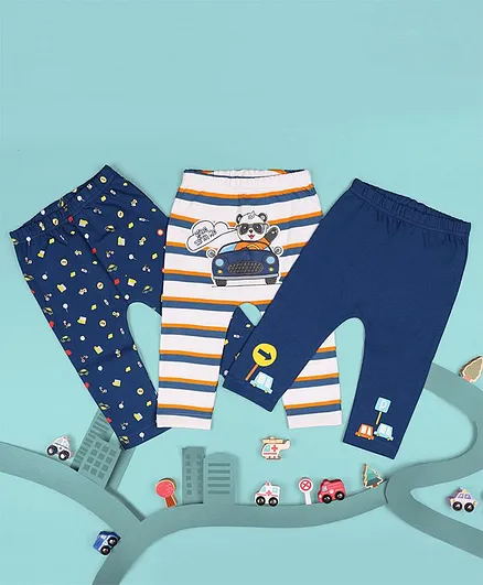 Kicks & Crawl Racing Panda Print Pack Of 3 Diaper Leggings - Blue