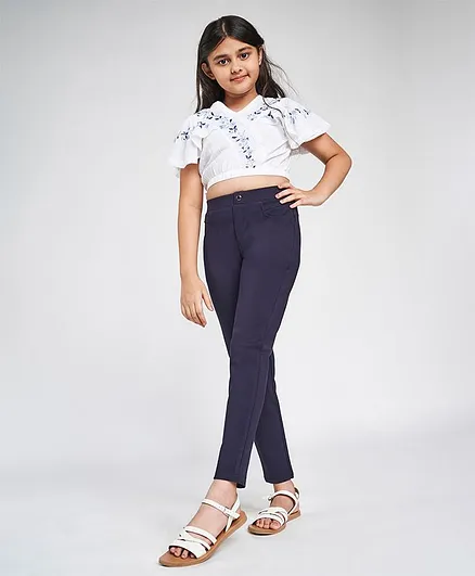 Global Desi Girl Flower Embroidered Half Sleeves Cropped Top - White