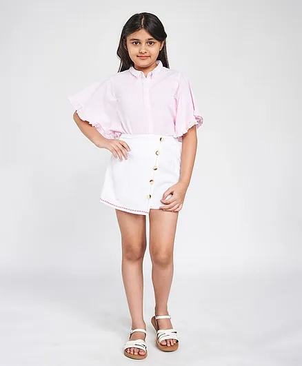 Global Desi Girl Striped Shirt Style Half Sleeves Top - White