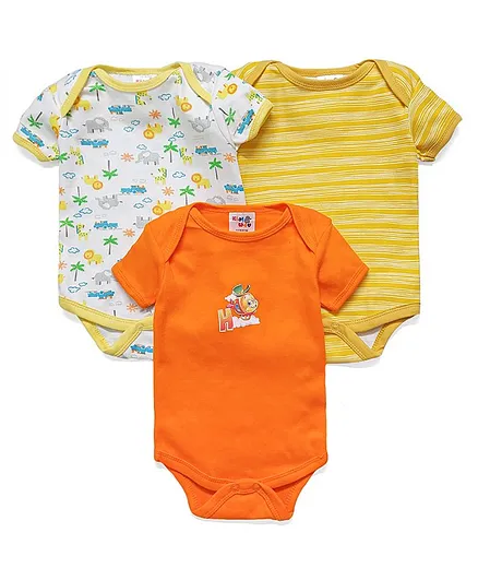 Kidi Wav Short Sleeves Pack Of 3 Striped & Animal Print Onesies - Orange