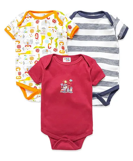 Kidi Wav Pack Of 3 Half Sleeves Alphabets Print Onesies - Multi Colour