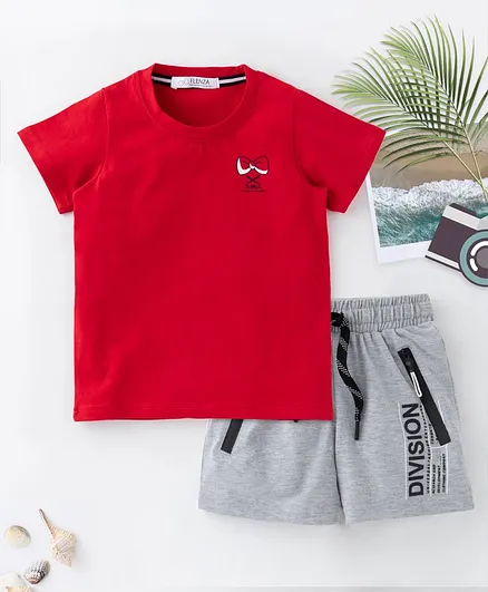 Flenza Half Sleeves Tee With Division Print Detailing Shorts - Red & Grey