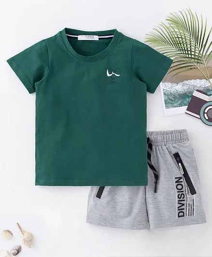 Flenza Half Sleeves Tee With Division Print Detailing Shorts - Green & Grey