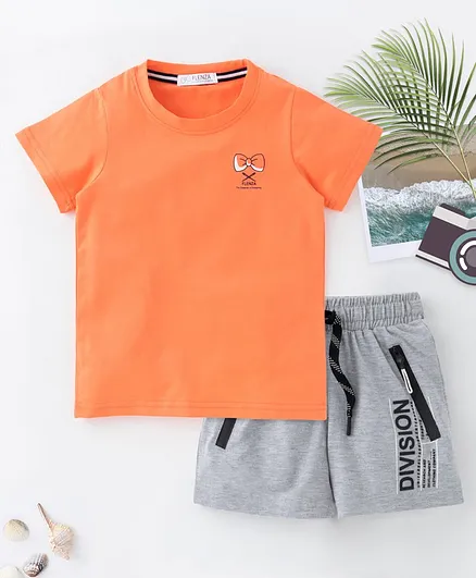 Flenza Half Sleeves Tee With Division Print Detailing Shorts - Orange & Grey