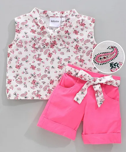 Kidcetra Sleeveless Printed Paisley Print Top & Shorts Set - Pink & White