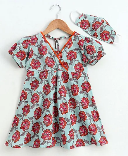 Kidcetra Short Sleeves Floral Printed Dress With Cotton Face Mask - Blue & Pink