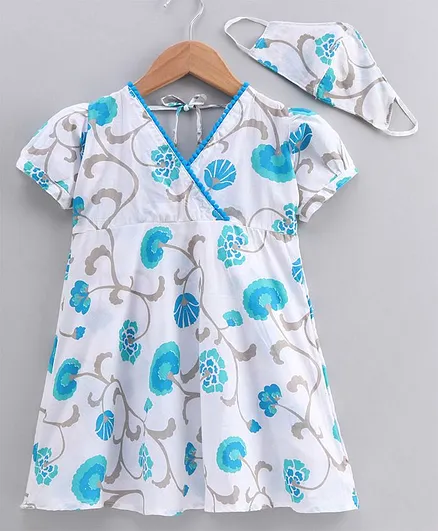 Kidcetra Short Sleeves Printed Dress With Face Mask - Blue & White