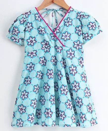 Kidcetra Short Sleeves Flower Print Dress - Blue