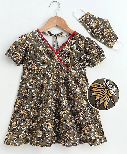 Kidcetra Short Sleeves Floral Printed Dress With Cotton Face Mask - Grey