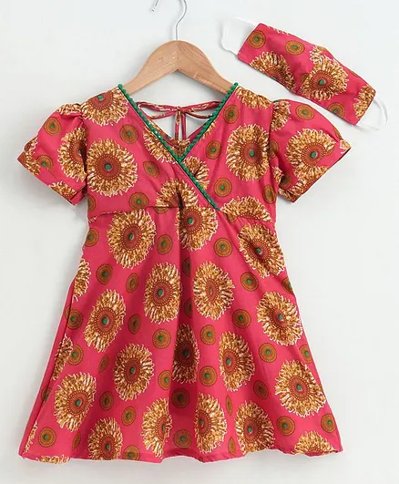 Kidcetra Short Sleeves Flower Print Dress With Cotton Face Mask - Pink