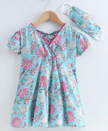 Kidcetra Short Sleeves Floral Printed Dress With Cotton Face Mask - Light Blue