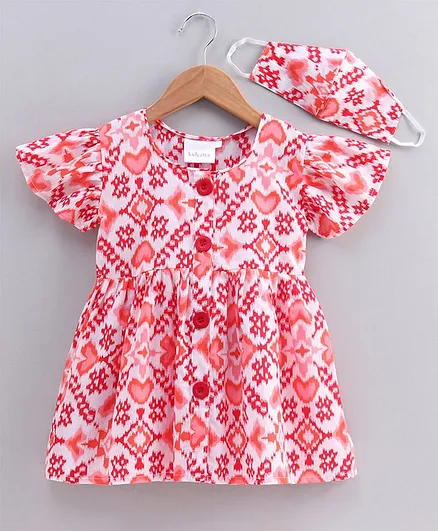 Kidcetra Short Sleeves Printed Dress With Cotton Face Mask - Pink