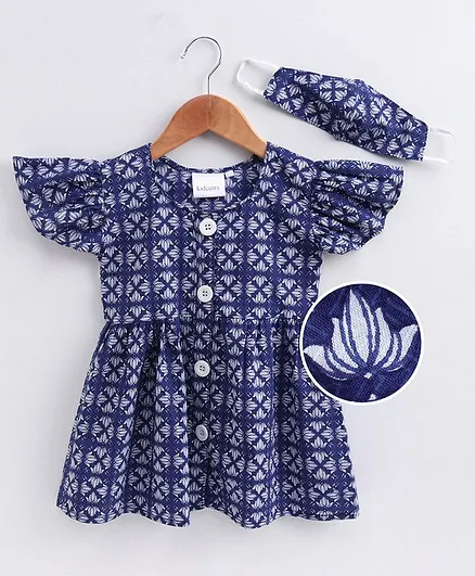 Kidcetra Short Sleeves Lotus Print Dress With Mask - Navy Blue