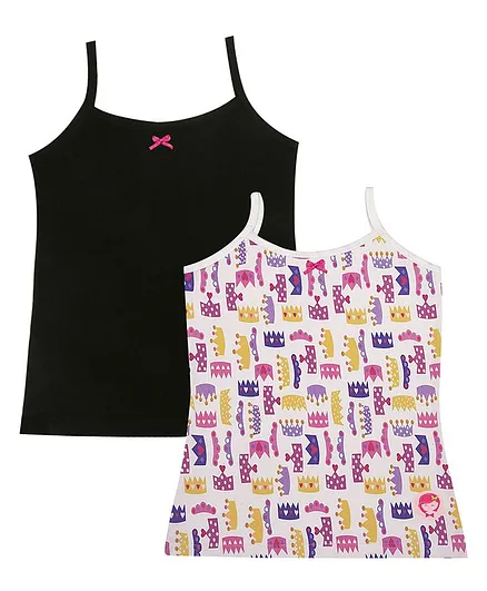 D'Chica Sleeveless Pack Of 2 Solid & Crown Printed Camisole - Black White