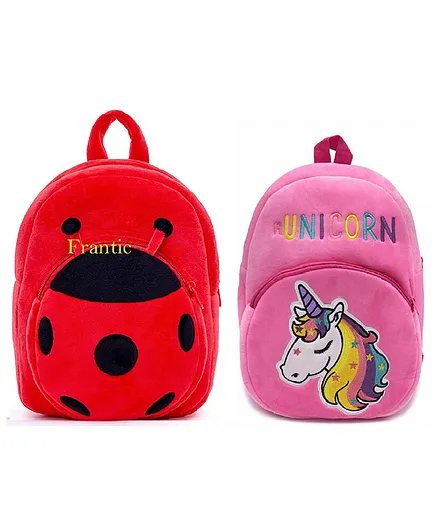 Frantic Velvet School Bag Bug And Unicorn Design Pack of 2 Red Pink - 13.3 Inches Each