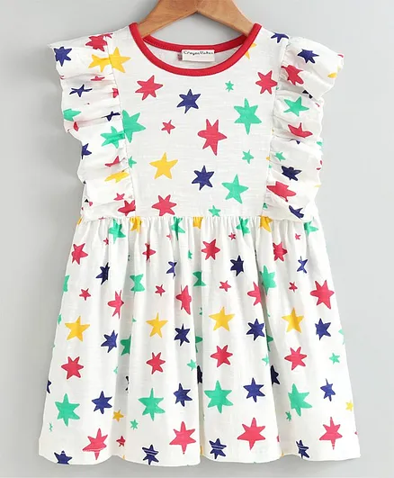 CrayonFlakes Sleeveless Stars Print With Frill Dress - White