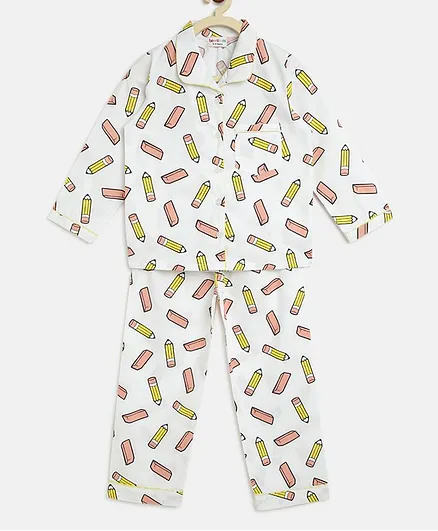 berrytree Pure Cotton Full Sleeves Pencil Rubber Print Night Suit - White