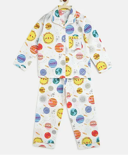 berrytree Pure Cotton Full Sleeves Planets Print Night Suit - Multi Color