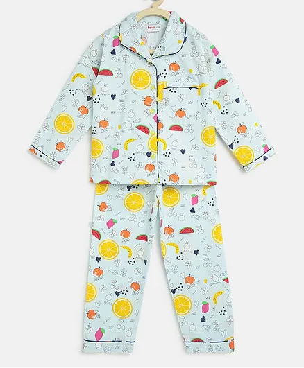 berrytree Pure Cotton Full Sleeves Fruit Print Night Suit - Blue