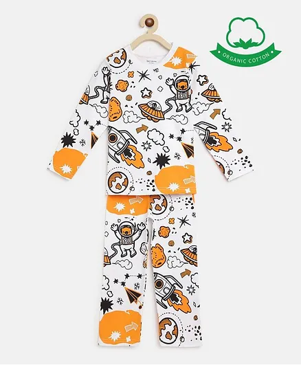 berrytree Organic Cotton Full Sleeves Space Rocket Print Night Suit - Orange