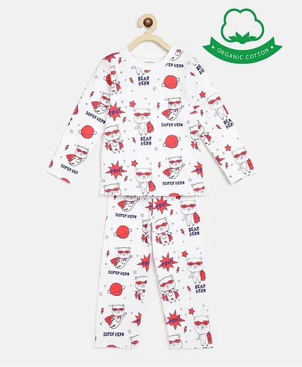 berrytree Organic Cotton Full Sleeves Teddy Bear Print Night Suit - Red
