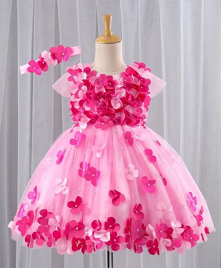 Li&Li BOUTIQUE Cap Sleeves Floral Work Dress With Headband - Pink