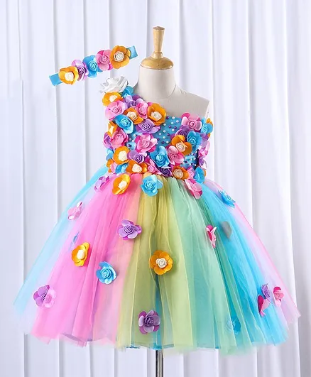 Li&Li BOUTIQUE One Shoulder Sleeveless Floral Embellished Dress With Headband - Multi Color