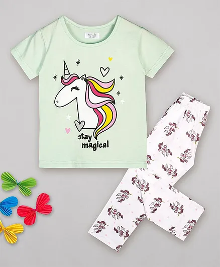 Sheer Love Half Sleeves Unicorn Print Night Suit - Green & White