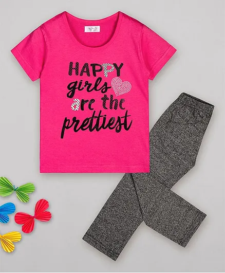 Sheer Love Half Sleeves Happy Girls Are The Prettiest Print Night Suit - Pink & Grey