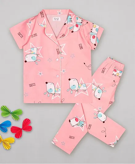Sheer Love Half Sleeves Dogs Print Night Suit - Pink