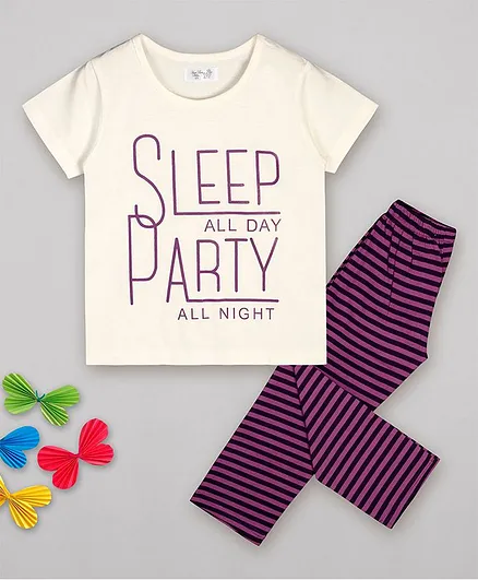 Sheer Love Half Sleeves Sleep All Day Party All Night Print Night Suit - Cream & Purple