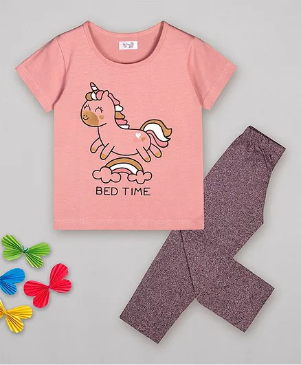 Sheer Love Half Sleeves Unicorn Print Night Suit - Pink