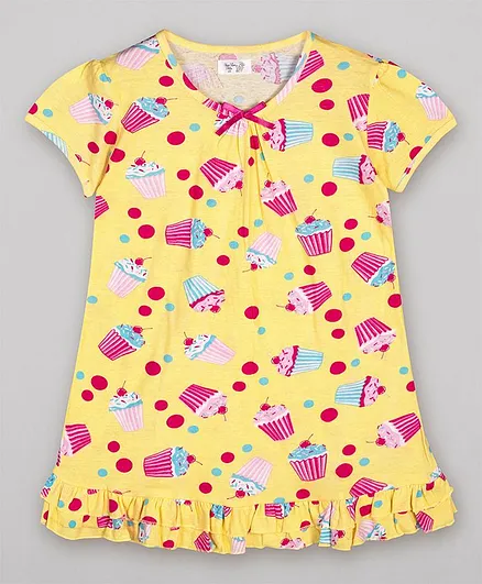 Sheer Love Short Sleeves Cupcakes Print Nighty - Yellow