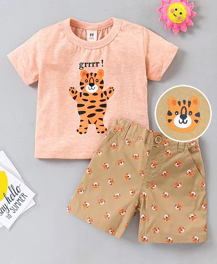 ToffyHouse Half Sleeves Tee & Shorts Tiger Print - Peach Brown